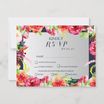 navy and silver watercolor flowers wedding RSVP card