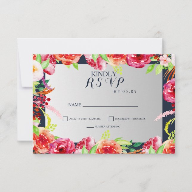 navy and silver watercolor flowers wedding RSVP card (Front)