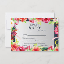 navy and silver watercolor flowers wedding RSVP card