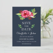 navy and silver watercolor flowers wedding save the date (Standing Front)