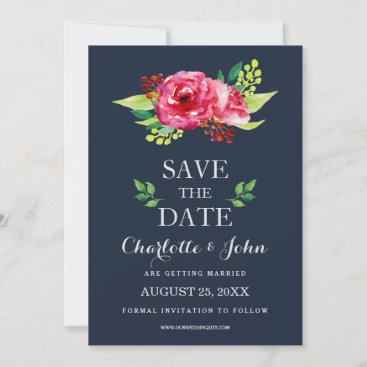 navy and silver watercolor flowers wedding save the date