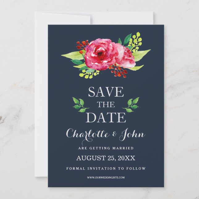 navy and silver watercolor flowers wedding save the date (Front)