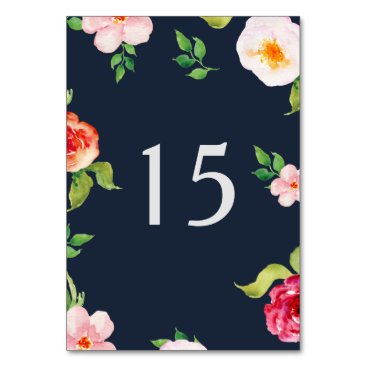 navy and silver watercolor flowers wedding table number