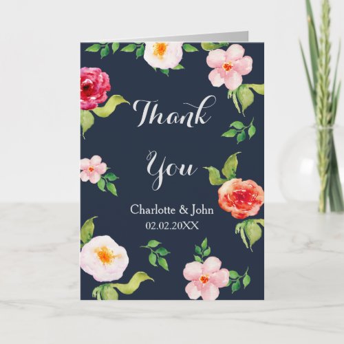 navy and silver watercolor flowers wedding thank you card