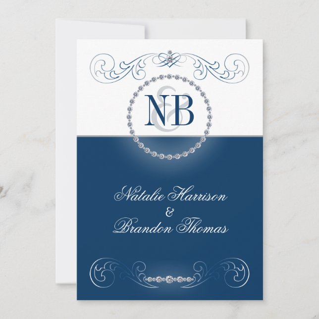 Navy and silver wedding invitations rhinestones (Front)