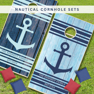 Navy And Sky Blue Anchor Family Name Nautical Wood Cornhole Set