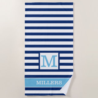 Navy And Sky Blue Striped Family Name Monogrammed Beach Towel