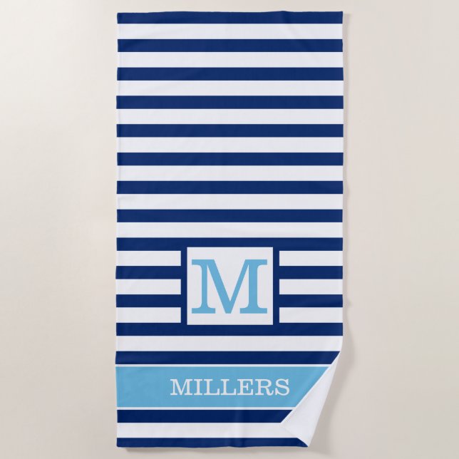 Navy And Sky Blue Striped Family Name Monogrammed Beach Towel (Front)
