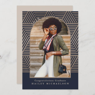 Navy and Taupe Geometric Print Photo Graduation Invitation