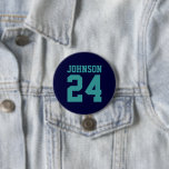 Navy and Teal Athlete Name Jersey Number Pinback Button<br><div class="desc">Cheer on your favorite sports team, football player or just show off your school pride with a custom personalized spirit button! Add your school name or personalize with a player's name and jersey number. Perfect for football, basketball, baseball and soccer games! Create custom pins for the whole team, cheerleaders, parents...</div>