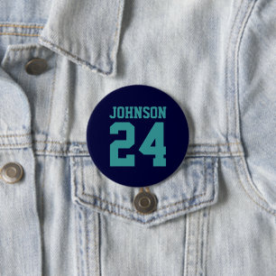 Navy and Teal Athlete Name Jersey Number Pinback Button