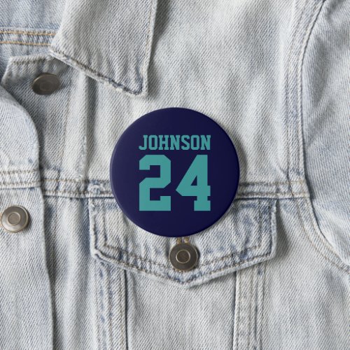 Navy and Teal Athlete Name Jersey Number Pinback Button