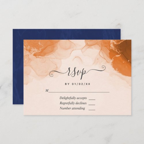 Navy and Terracotta Alcohol Ink Wedding RSVP Card