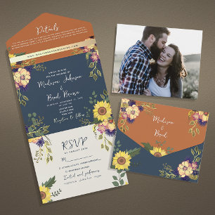 Navy and Terracotta Rustic Sunflower Wedding All In One Invitation