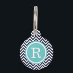 Navy and Turquoise Chevron Monogram Pet ID Tag<br><div class="desc">Cute girly preppy zigzag chevron stripes pattern personalized with your pet's monogram name or initial in a chic circle frame. Back features coordinating colors and space to add your pet's name and emergency contact info. Click Customize It to change fonts and colors or add your own photos and text for...</div>