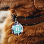 Navy and Turquoise Chevron Monogram Pet ID Tag<br><div class="desc">Cute girly preppy zigzag chevron stripes pattern personalized with your pet's monogram name or initial in a chic circle frame. Back features coordinating colors and space to add your pet's name and emergency contact info. Click Customize It to change fonts and colors or add your own photos and text for...</div>