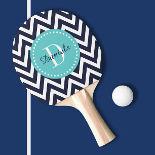 Navy and Turquoise Chevron Monogram Ping-Pong Paddle