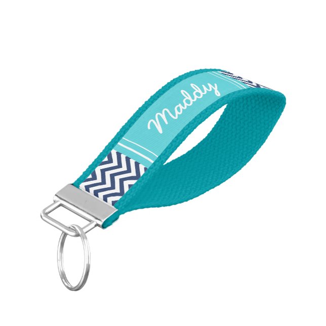 Navy and Turquoise Chevron Monogrammed Wrist Keychain (Angled Down)
