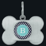Navy and Turquoise Dots Custom Monogram Pet Name Tag<br><div class="desc">Cute girly preppy chic polka dot pattern with custom monogram initial in a circle frame. Click Customize It to change monogram font and colors to create your own one of a kind design. Adorable and unique gifts!</div>