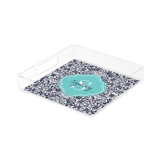 Navy and Turquoise Floral Damask Monogram Acrylic Tray (Angled)