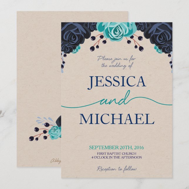 Navy and Turquoise Floral Wedding Invitation (Front/Back)