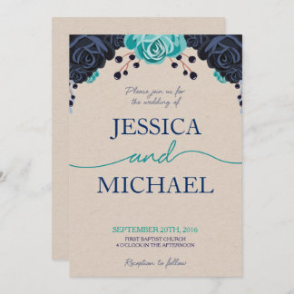 Navy and Turquoise Floral Wedding Invitation