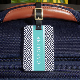 Navy and Turquoise Greek Key Custom Monogram Luggage Tag