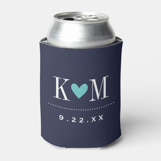 Navy and Turquoise Modern Wedding Monogram Can Cooler (Can Front)
