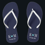 Navy and Turquoise Modern Wedding Monogram Flip Flops<br><div class="desc">Custom printed flip flop sandals personalized with a cute heart and your monogram initials and wedding date. Click Customize It to change text fonts and colors or add your own images to create a unique one of a kind design!</div>