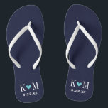Navy and Turquoise Modern Wedding Monogram Flip Flops<br><div class="desc">Custom printed flip flop sandals personalized with a cute heart and your monogram initials and wedding date. Click Customize It to change text fonts and colors or add your own images to create a unique one of a kind design!</div>