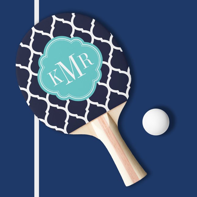 Navy and Turquoise Moroccan Quatrefoil Monogram Ping-Pong Paddle (Creator Uploaded)