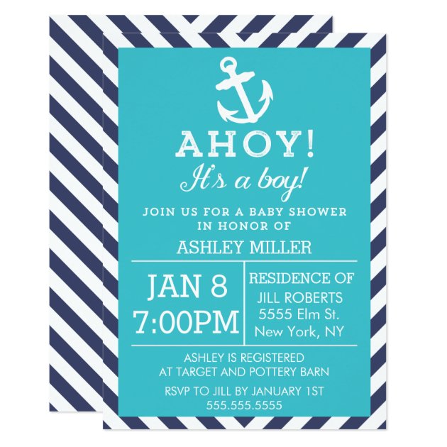 Navy And Turquoise Nautical Chevron Baby Shower Invitation