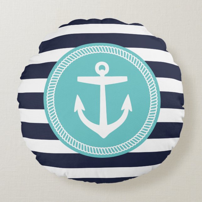 Navy and Turquoise Nautical Stripes and Anchor Round Pillow (Front)
