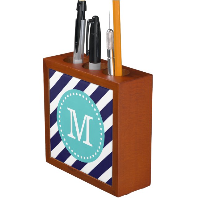 Navy and Turquoise Preppy Stripes Custom Monogram Pencil Holder (In Situ)