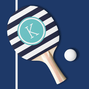 Navy and Turquoise Preppy Stripes Monogram Ping Pong Paddle