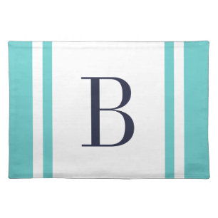 Navy and Turquoise Stripe Border Custom Monogram Cloth Placemat