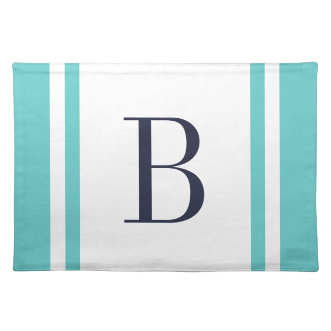 Navy and Turquoise Stripe Border Custom Monogram Cloth Placemat (Front)