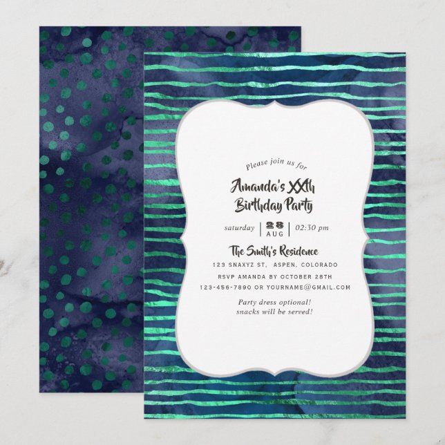 Navy and Turquoise Stripes and Polka Dots Birthday Invitation (Front/Back)