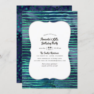 Navy and Turquoise Stripes and Polka Dots Birthday Invitation