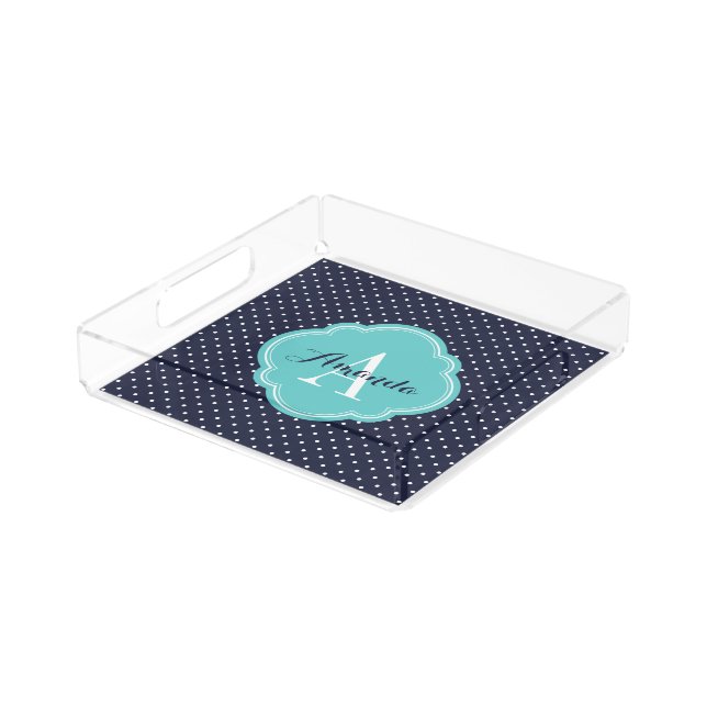 Navy and Turquoise Tiny Dots Monogram Acrylic Tray (Angled)