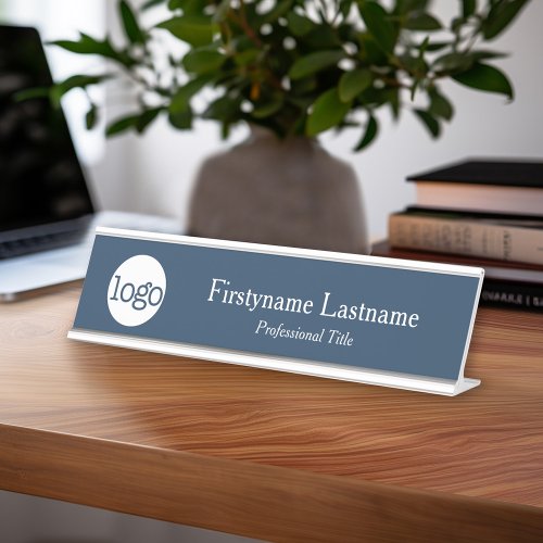 Navy and White _Add Logo Name Professional Title Desk Name Plate