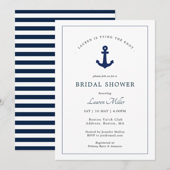 Navy and white Anchor Nautical Bridal Shower Invitation (Front/Back)