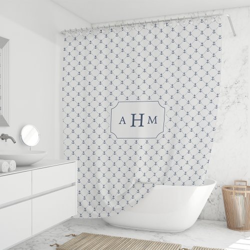 Navy and White Anchor Pattern Monogram Shower Curtain