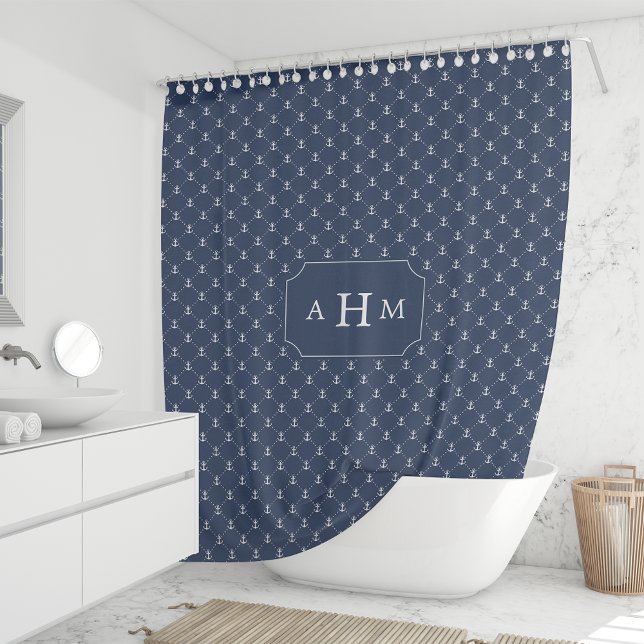 Navy and White Anchor Pattern Monogram Shower Curtain (Creator Uploaded)