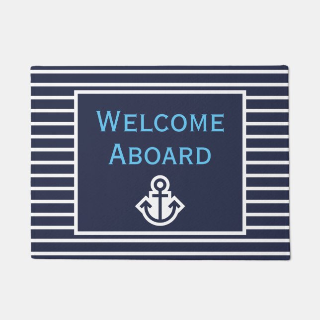 Navy and White Anchor Welcome Aboard Boat Doormat (Front)