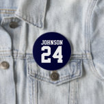 Navy and White Athlete Name Jersey Number Button<br><div class="desc">Cheer on your favorite sports team, football player or just show off your school pride with a custom personalized spirit button! Add your school name or personalize with a player's name and jersey number. Perfect for football, basketball, baseball and soccer games! Create custom pins for the whole team, cheerleaders, parents...</div>