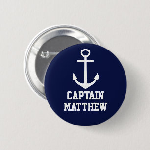 Navy and White Boat Captain Name Tag with Anchor Button