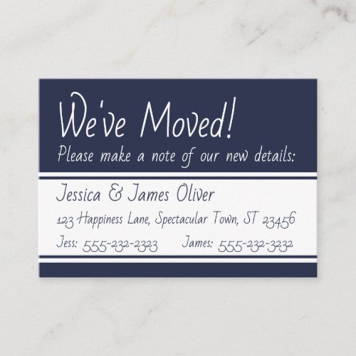 Navy and White Bold Weve Moved Handout Cards