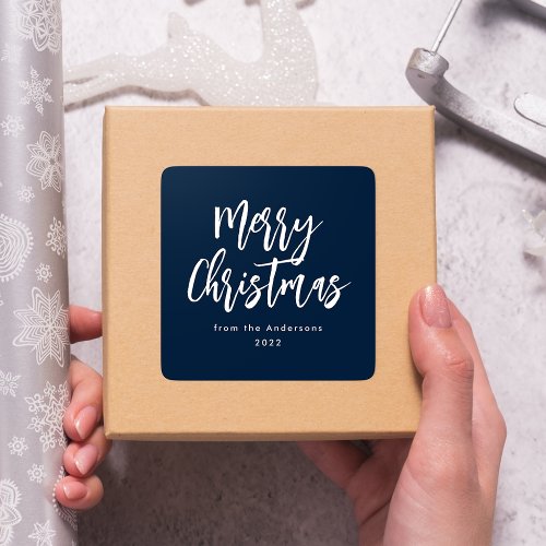 Navy and White Brush Script Merry Christmas Square Sticker