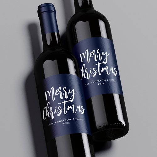 Navy and White Brush Script Merry Christmas Wine Label